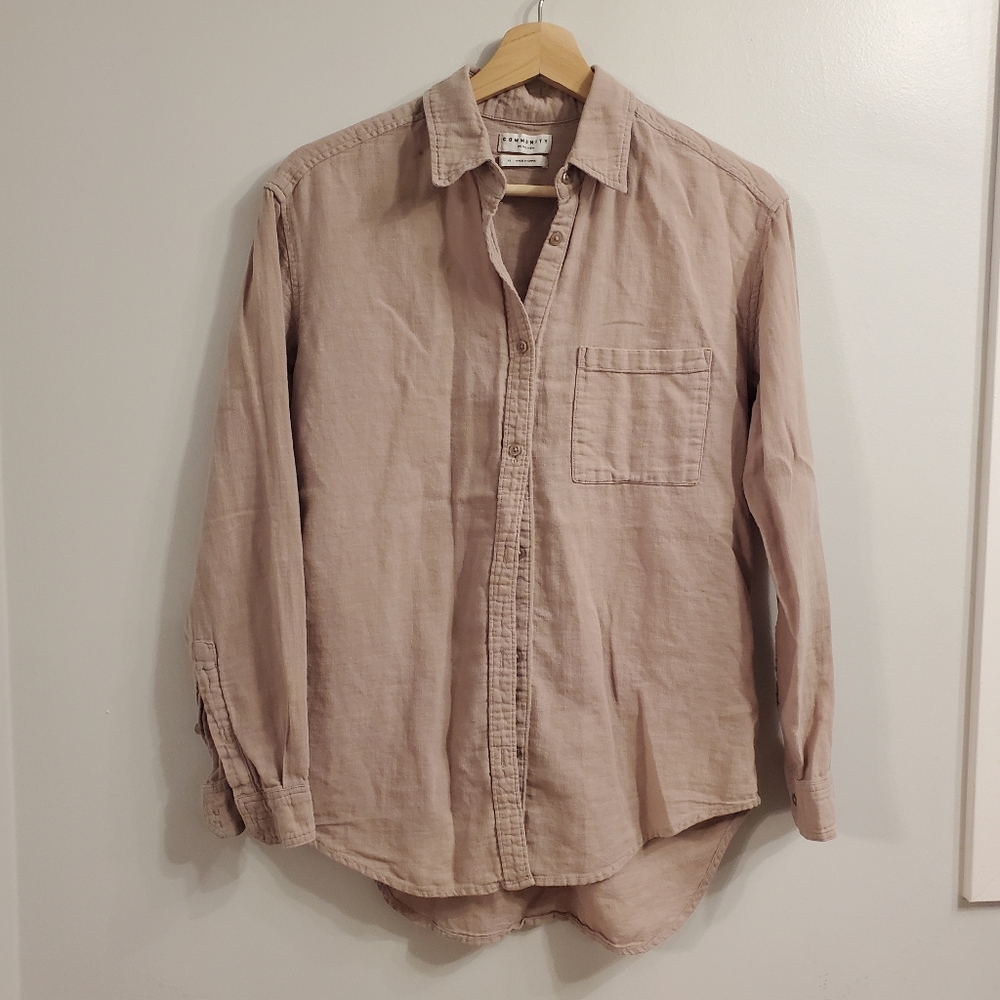 Community XS Linen Cotton collar Taupe Tan Relaxed Fit Aritzia Longsleeve Shirt